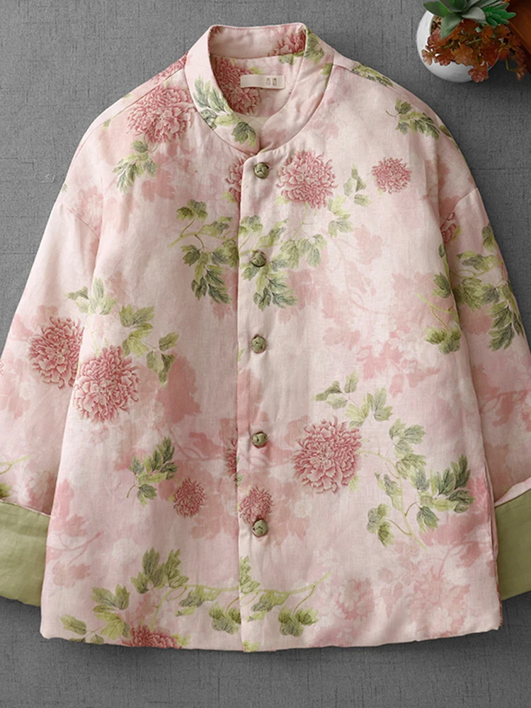 

Женское хлопковое джето, верхняя одежда, льняной принт, винтажное теплое зимнее пальто на пуговицах с цветочным узором, воротник-стойка, длинный све