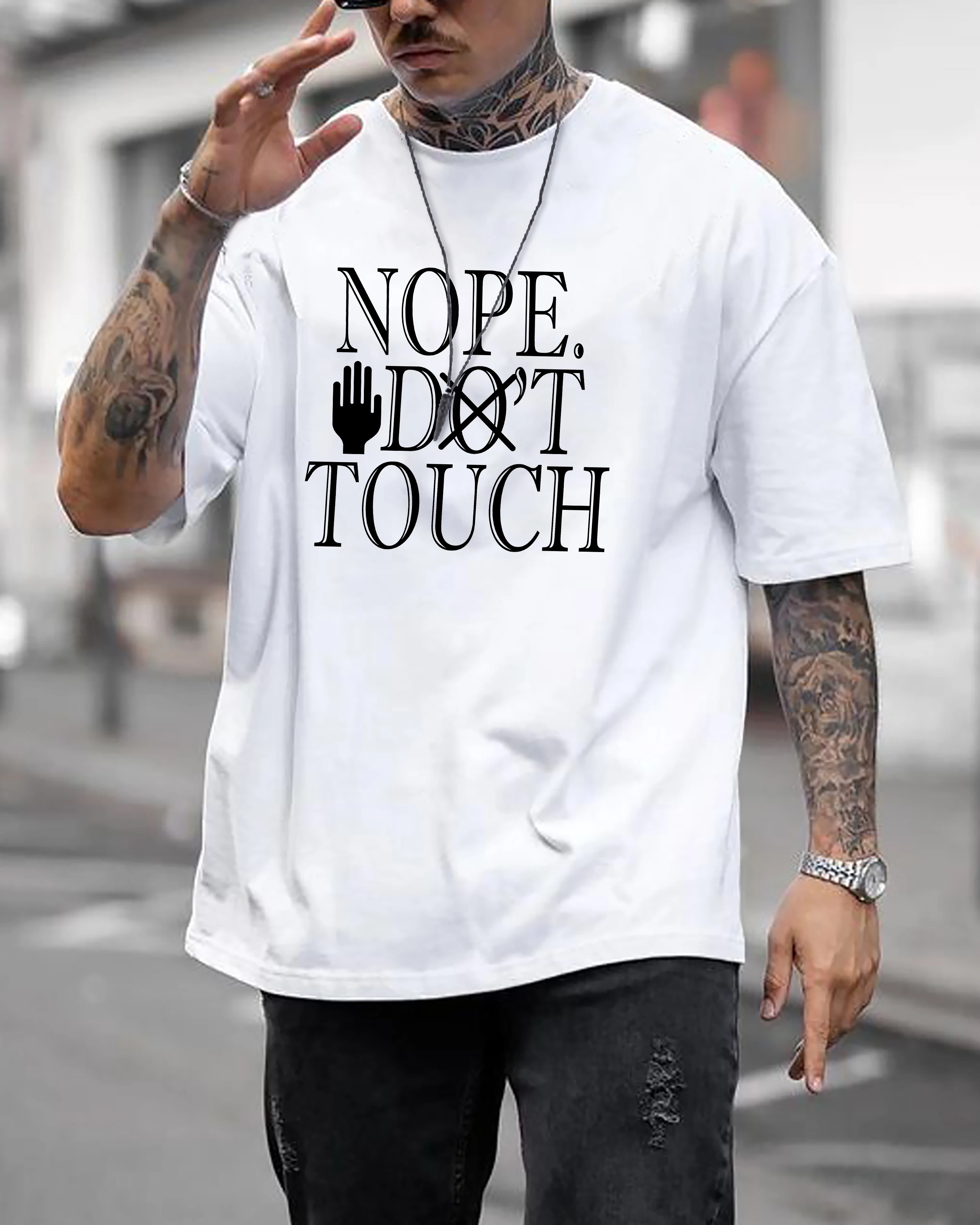 Men Oversized T Shirt Nope Don't Touch Hand Symbol Letter Print Crew Neck Short Sleeve Casual Street Loose Tee