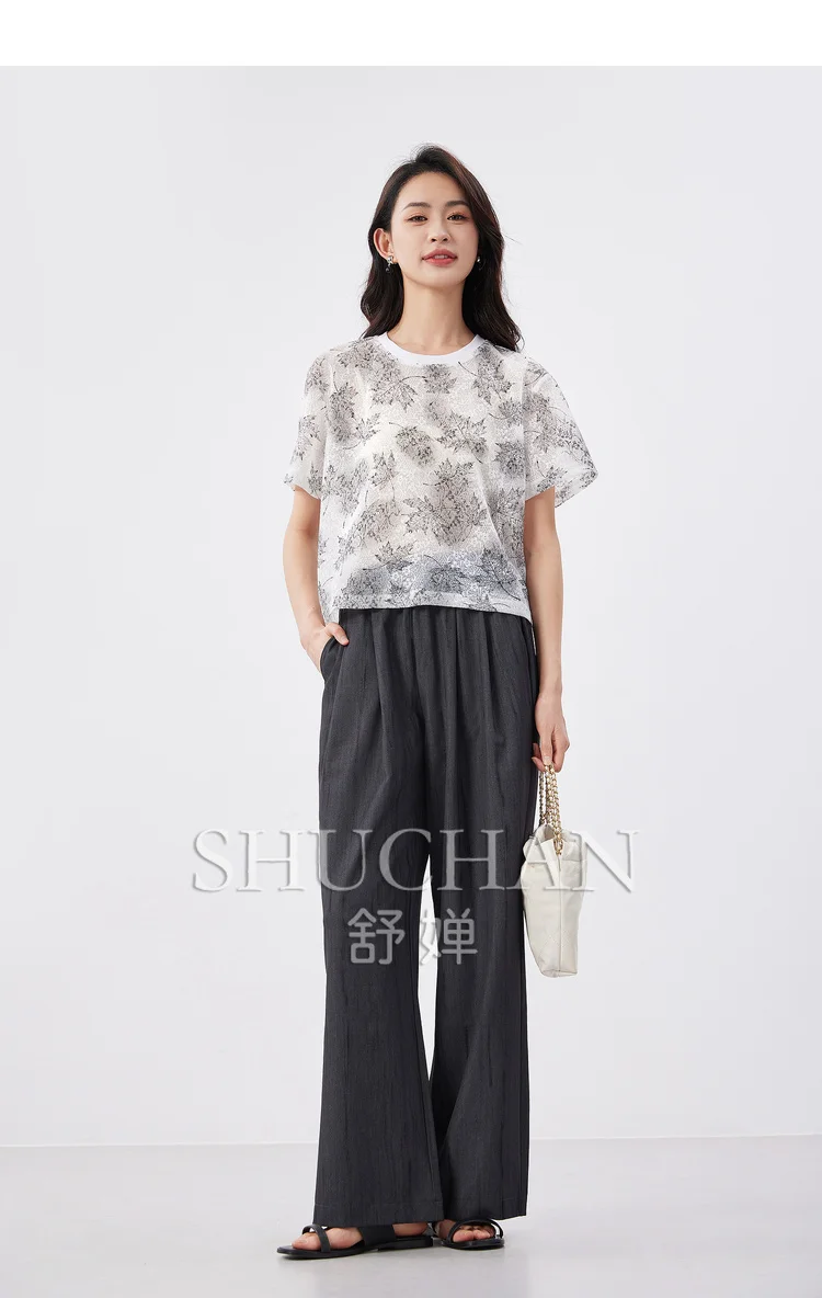 

Summer Jacquard Lace Sequined Leaf Printing Short Loose T-shirt Women Clothes Polyester T-shirts for Women