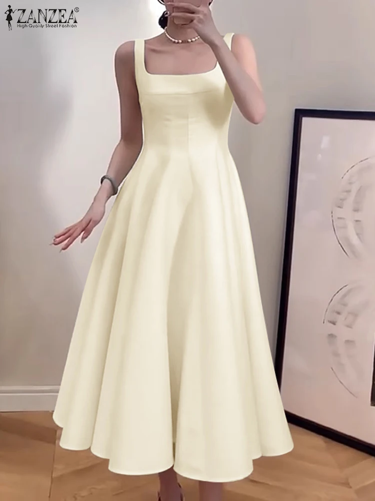 ZANZEA Damska sukienka bez rękawów Vintage Solid A-line Dresses 2024 Summer Holiday Waisted Robe Casual Square Collar Midi Robe