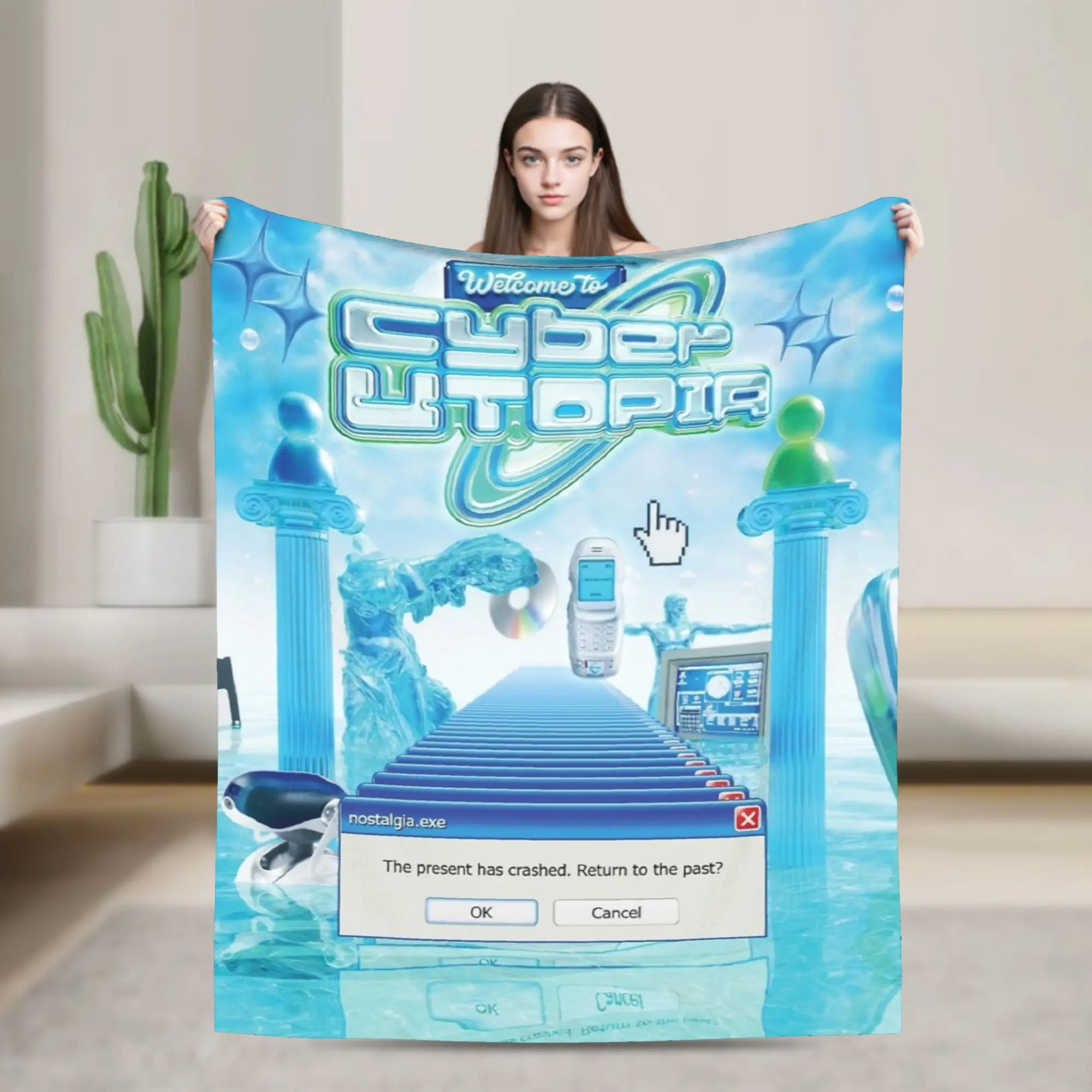 Welcome to Cyber Utopia Fleece Blanket Frutiger Aero Vintage Throw Blankets for Home 150*125cm Plush Thin Quilt