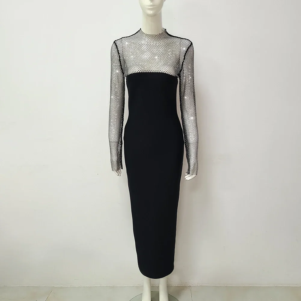 

Women Summer Chic Sexy Long Sleeve Crystal Diamonds Black Midi Bodycon Bandage Dress 2023 New Designer Nightclub Party Dress