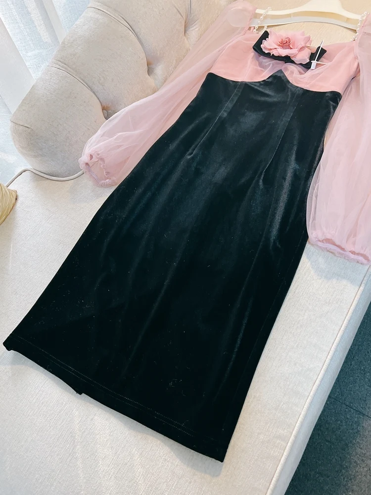 Ele กํามะหยี่ชุดราตรี Dr สี Blo Design และพิมพ์ลายดอกไม้เอวสูงยาว Sve ความยาวกลาง A-Line ชุดสําหรับสตรี