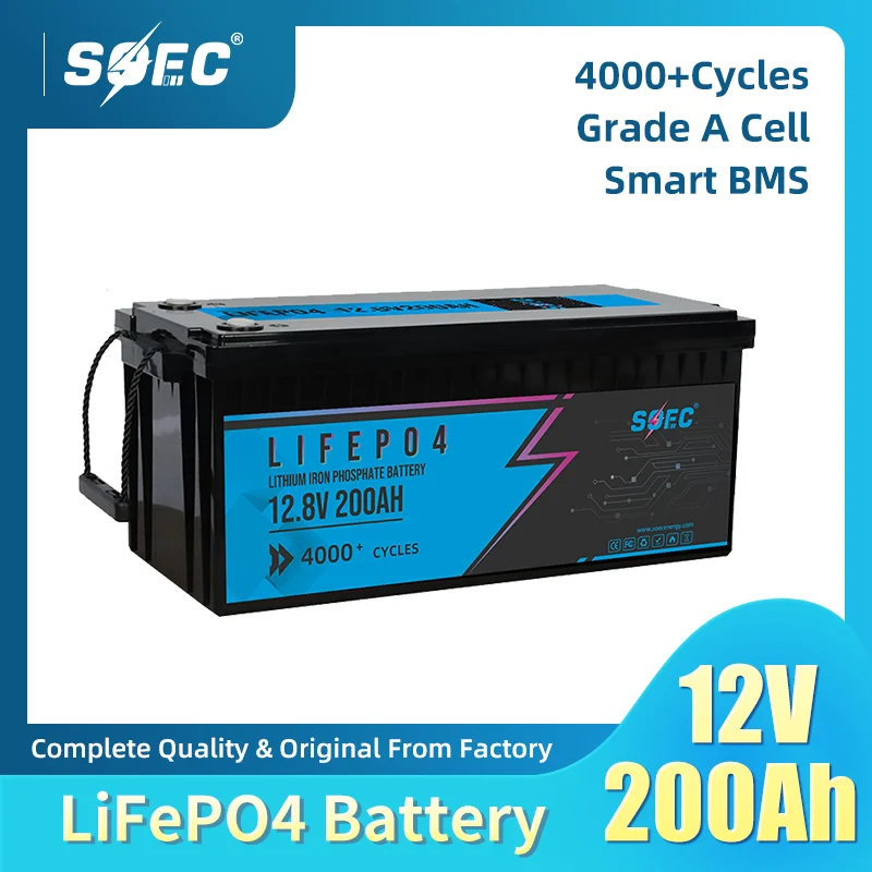 

12V 200Ah LiFePO4 Battery SOEC 12.8V Rechargeable Lithium Iron Phosphate Battery Built-in BMS for RV EV Solar Energy Storage