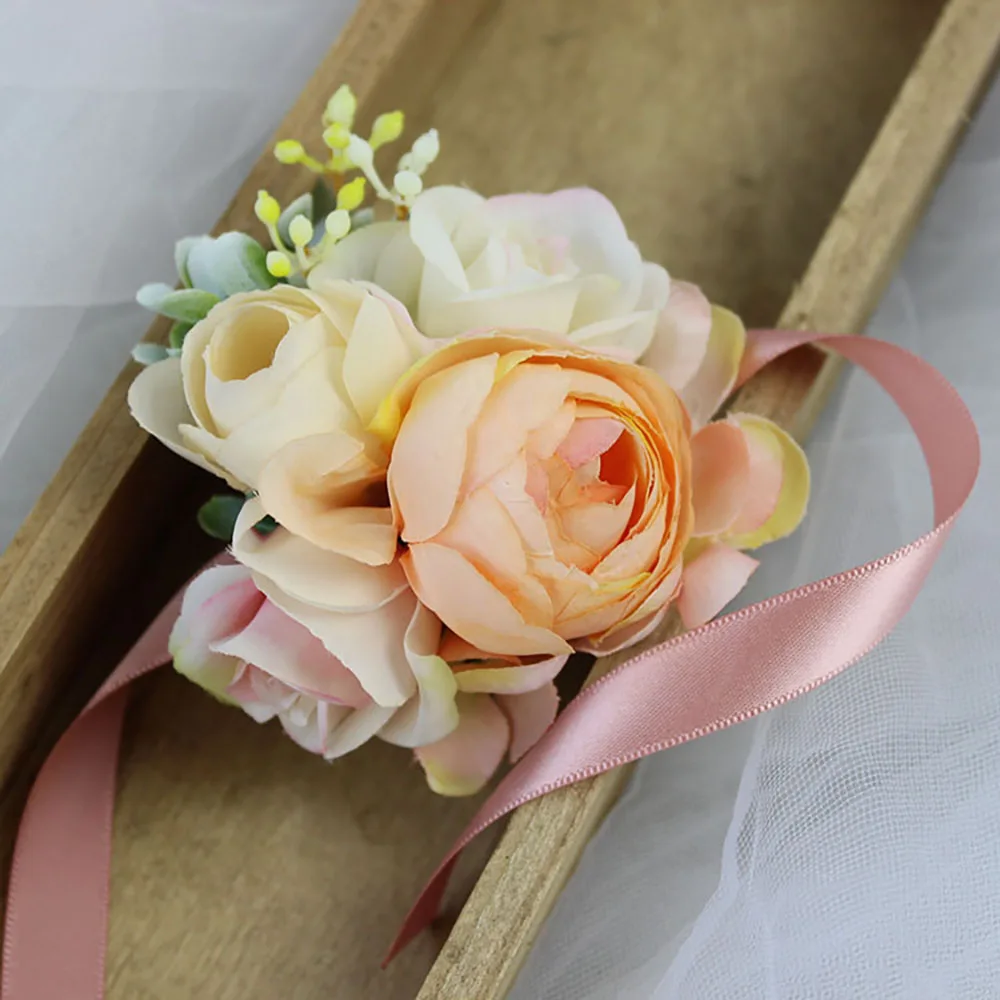 Boutonniere de boda de champán hecho a mano para invitados, Pin de solapa de rosa de seda, ramillete de muñeca de novia, pulsera de flores, decoración de fiesta de boda