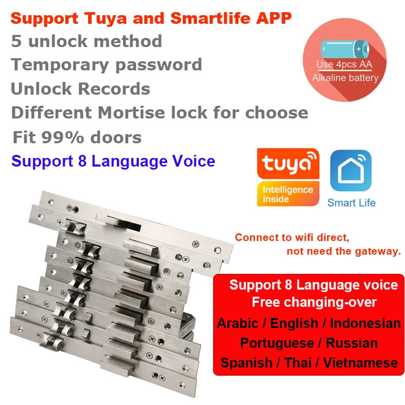 RAYKUBE Tuya Smart Door Lock Wifi Fingerprint Password IC Card Keyless Remotely Unlock Use AA Battery Support 8 Language Voice