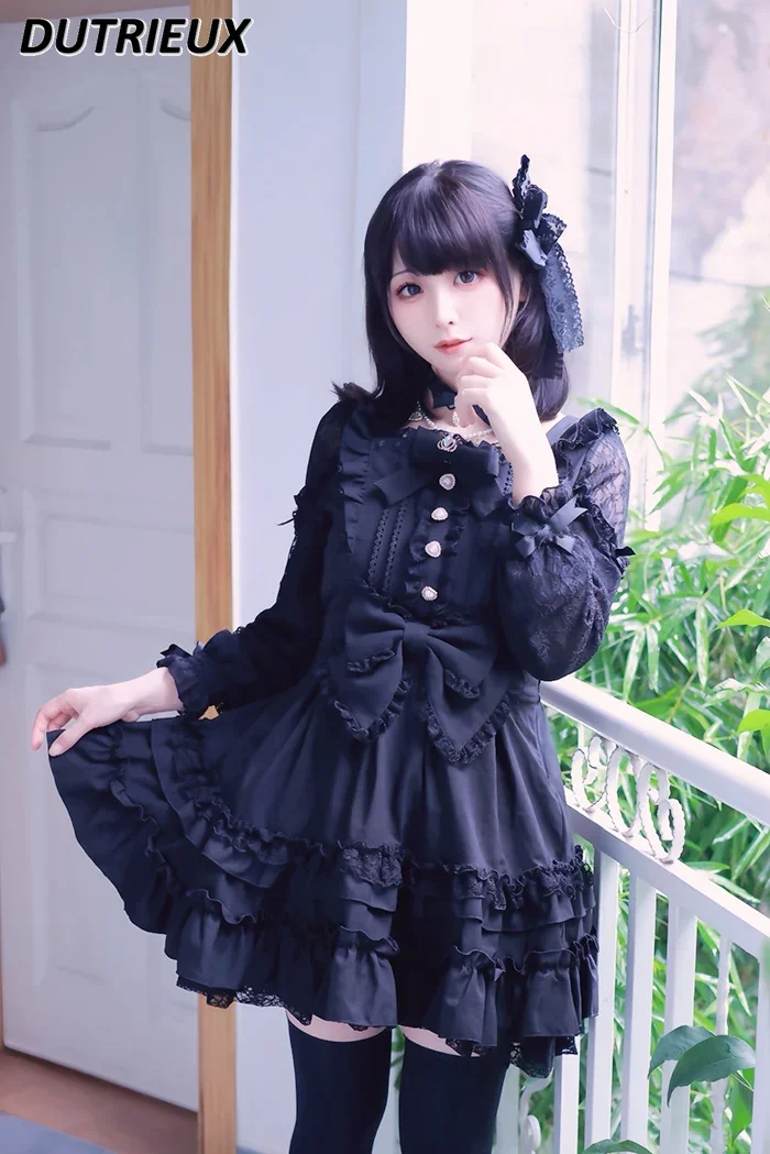 Japanese Style Spring Autumn Women\'s Long Sleeve Dresses 2024 New Girl Sweet and Cute Bow Elegant Casual Lolita Dress for Lady