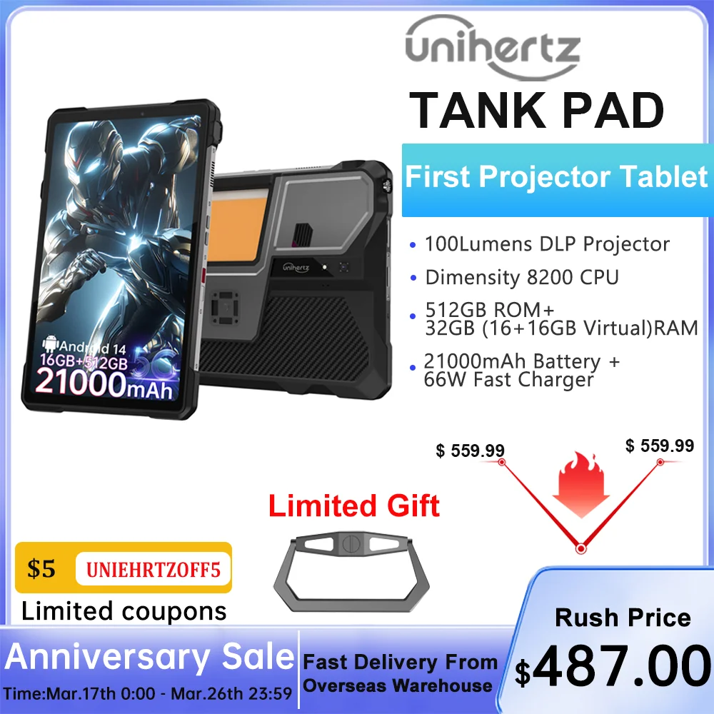 Unihertz Tank PAD 8849 Rugged Projector Phone Tablet Android 32GB 512GB 21000mAh 10.95