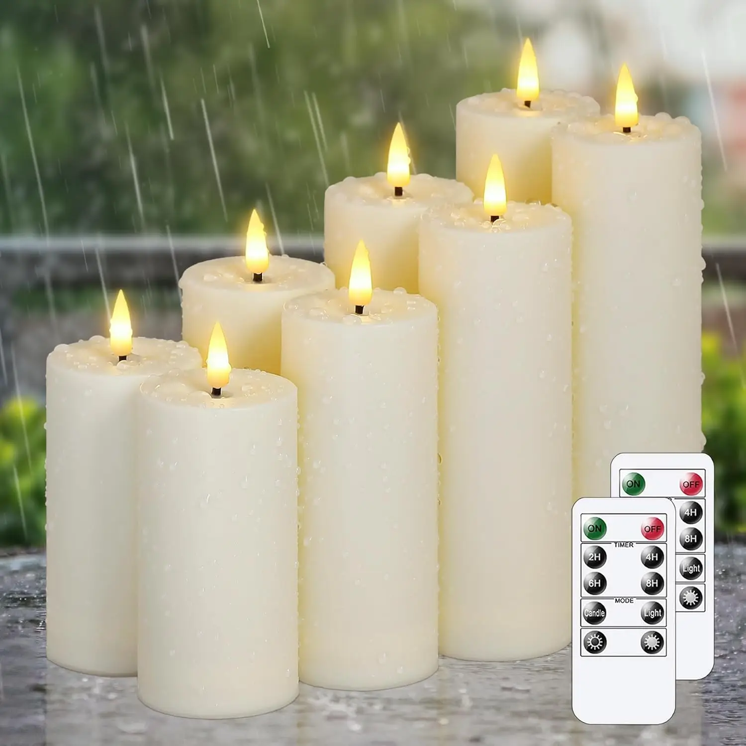 

Flameless Waterproof 2.2' x4' 4' 5' 5' 6' 6' 7' 7' Pillar Candles with Remote Control and Timer, LED Battery Operated Plastic