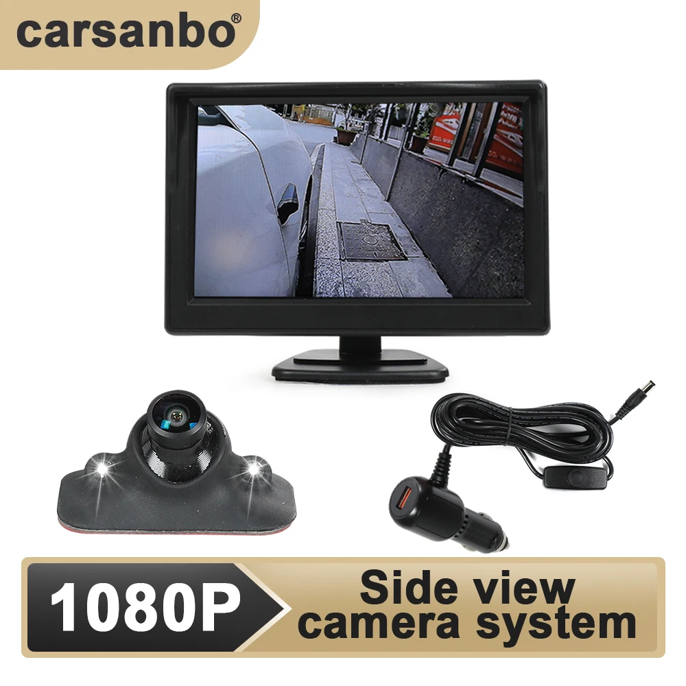 Carsanbo 5 Inch Car Side View Blind Spot Camera System Full HD 1080P 360 Degree Rotation Lens LED Night Vision Button Control On