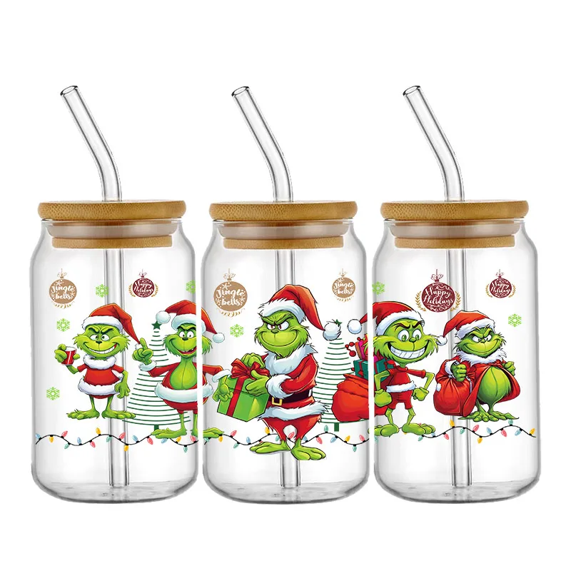 Miniso Christmas Monsters UV DTF Cup Wraps Transfer Sticker For 16OZ Glass Libbey Can Bottle Selfadhesive Washable DIY Custom