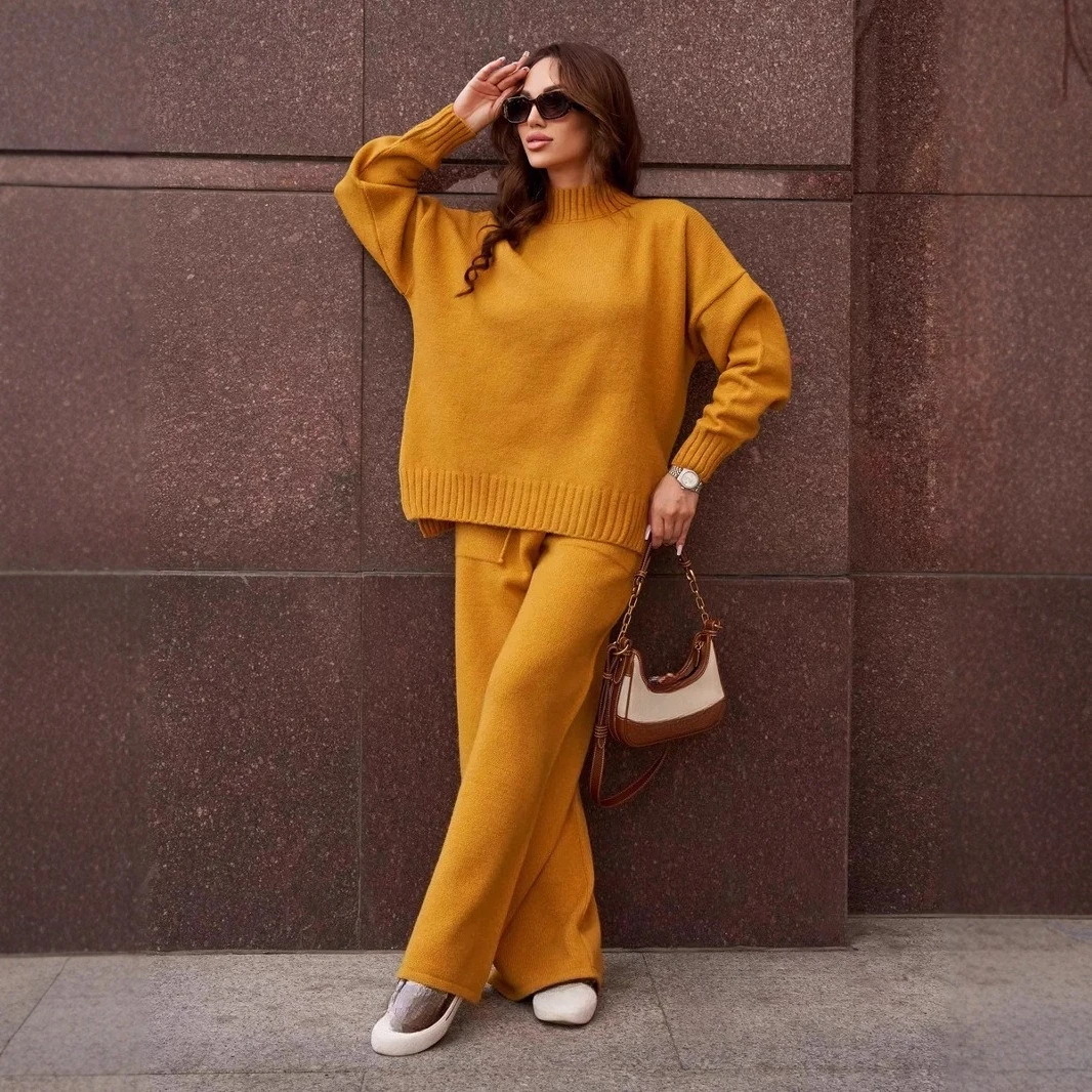 

Осень-зима, 2 предмета, новинка 2023 года, белые женские комплекты, вязаный спортивный костюм, водолазка, свитер и прямые спортивные штаны, костюмы для женщин