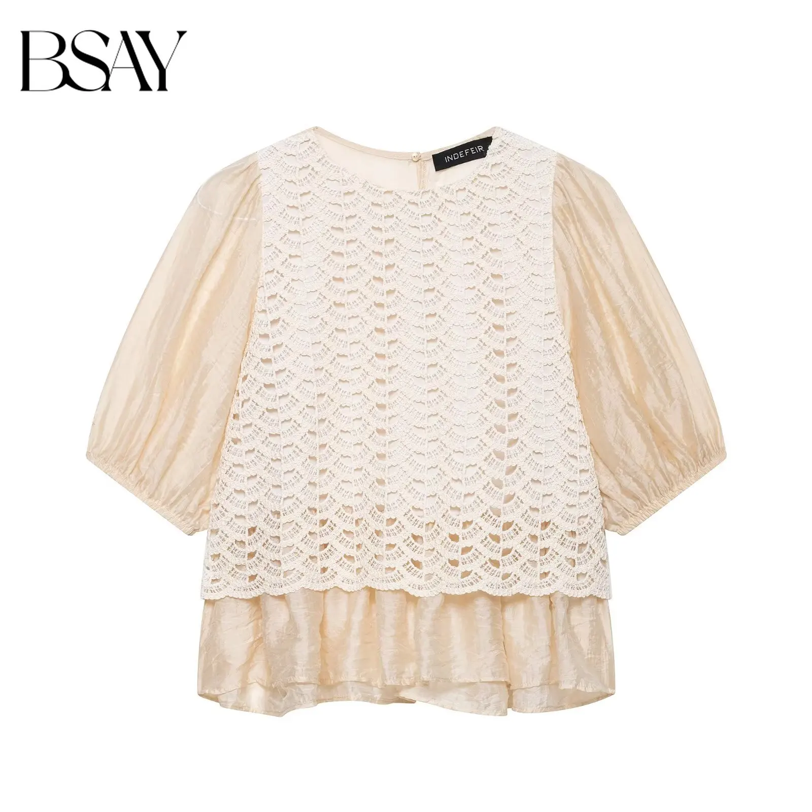 

BSAY New Arrival Women Round Neck Half Puff Sleeve Crochet Hollow Out Lace Blouse Two Layer Ruffle Hem Loose Fit Daily Shirts