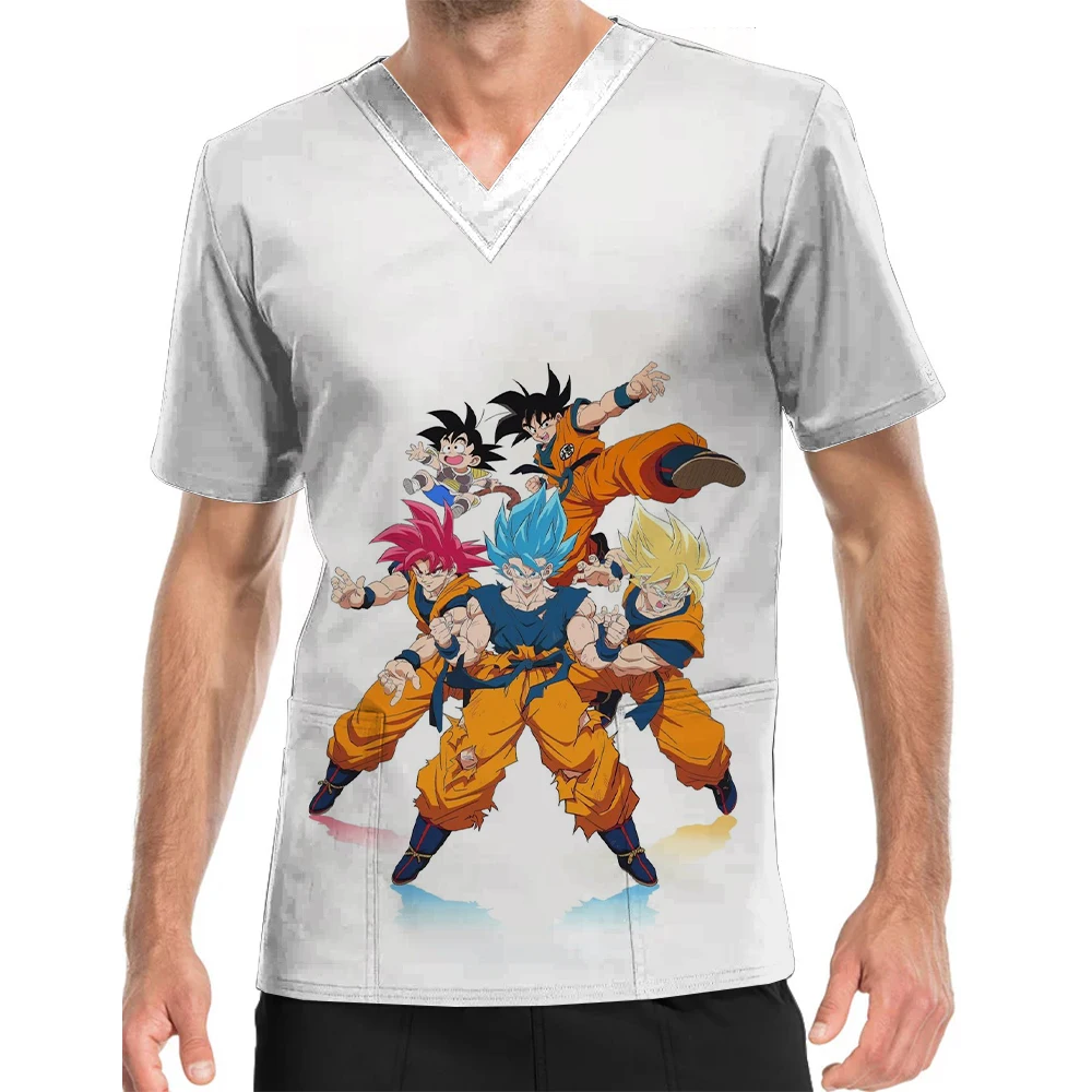 V-Neck Print Scrub Top Anime Dragon Ball Pattern Print Men's Playground Pet Shop Work Uniform Dental Care Nursing Clothes