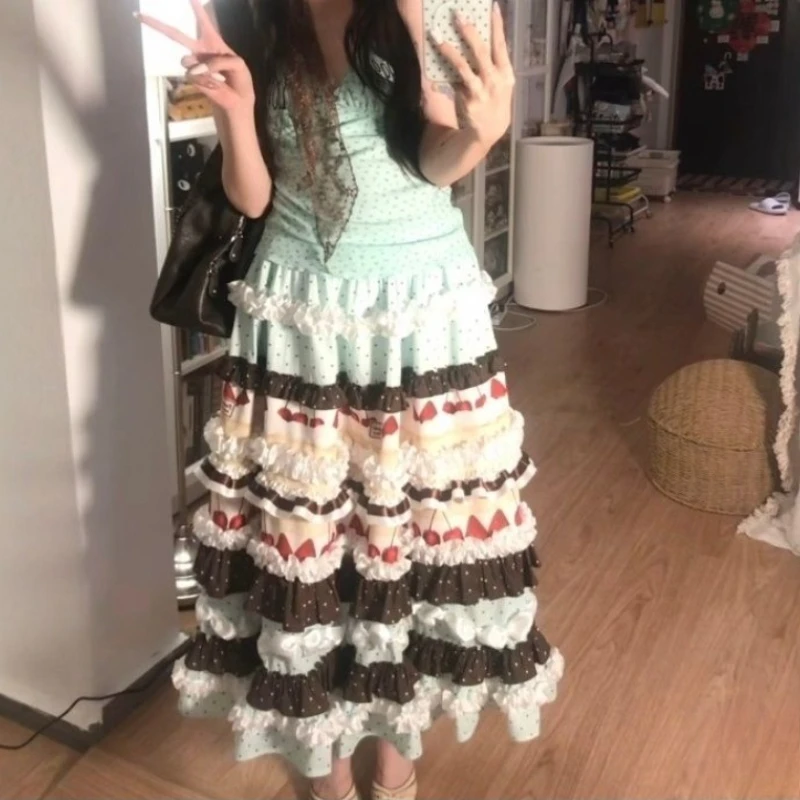 Women Vintage Kawaii Mori Girl Lolita Multi-Layer Ruffle Tiered Maxi Skirt Sweet Cute Polka Dot Bow A-Line Mint Green Long Skirt