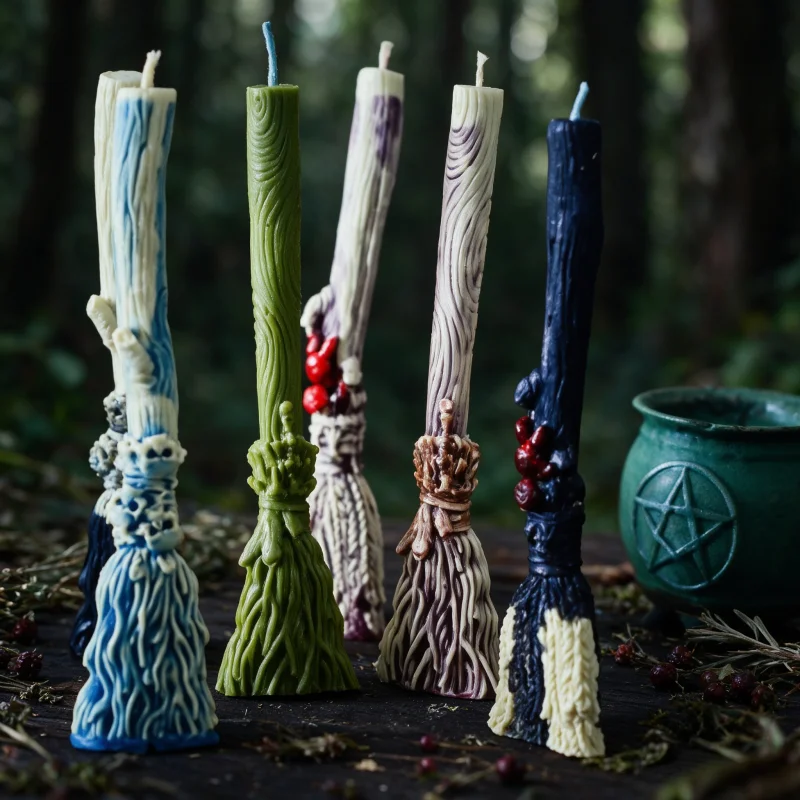 Moule à bougie 3D en forme de balai de sorcière, moule à pilier fait main, balai sorceller avec visage de citrouille et de crâne, pour bougies rituelles magiques et spirituelles