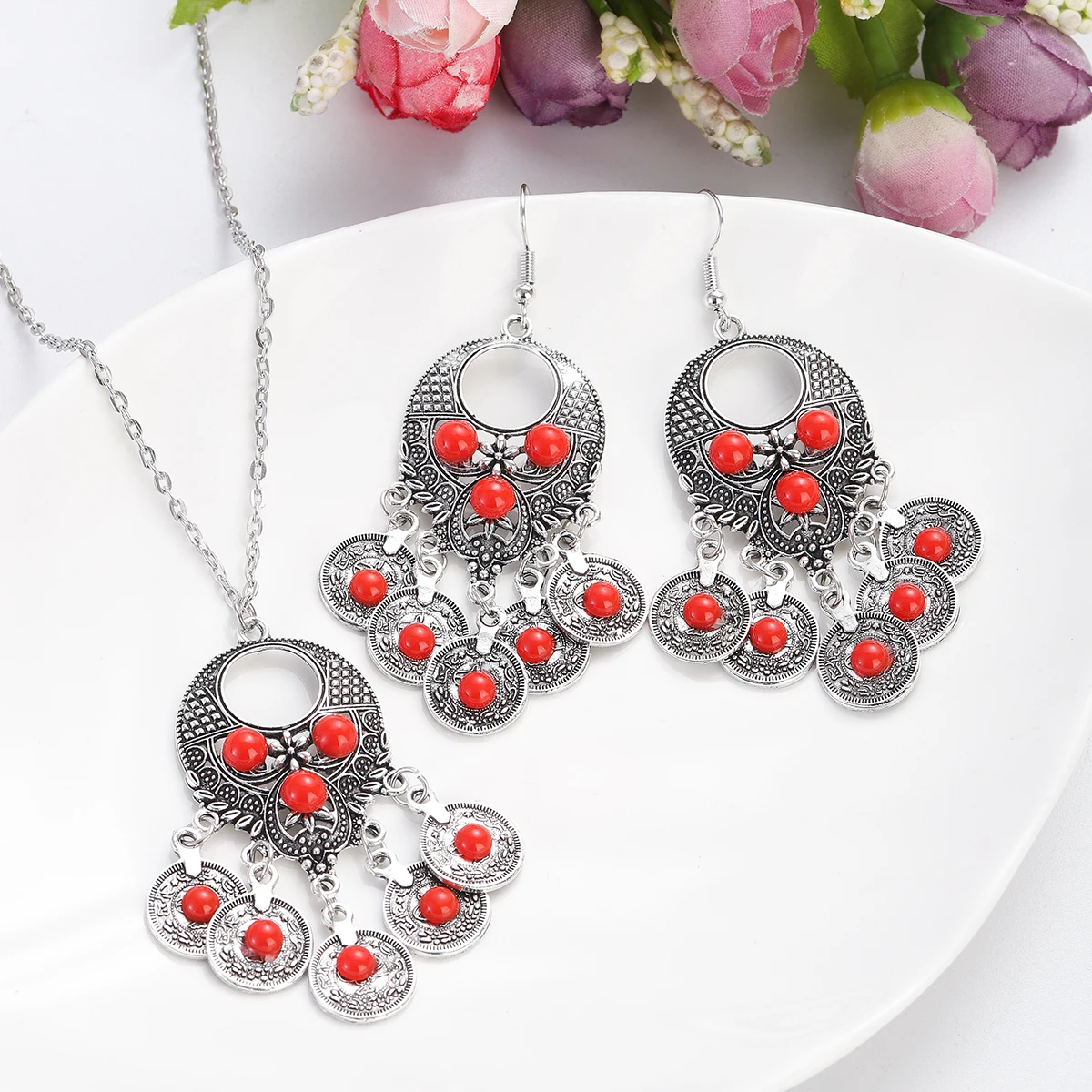 Ethnic Classic Silver Plated Geometric Tassel Earring Set Women\'s Vintage Round Turquoises Boho Jewelry Indian Earring Necklace
