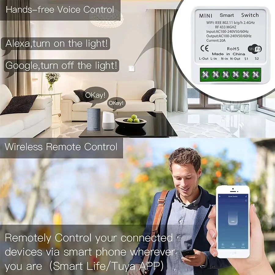 Mini interruptor inteligente Wifi DIY de 16A compatible con Control bidireccional, módulo Universal para hogar inteligente, funciona con la aplicación Alexa Google Home Smart Life