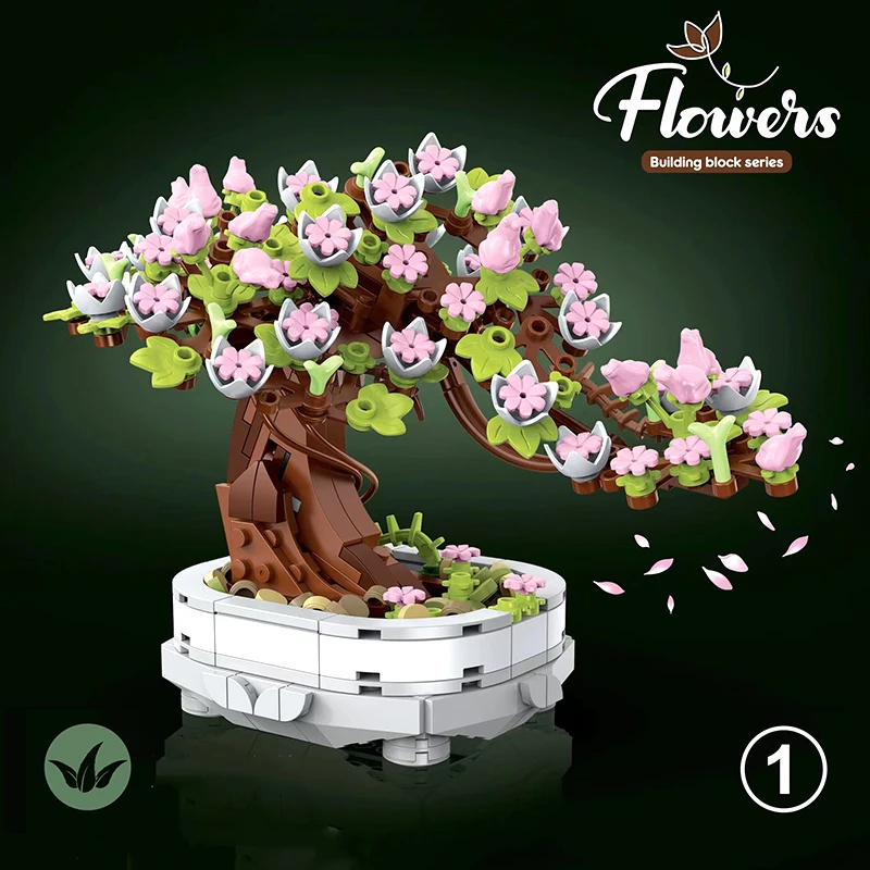 Potted Cherry Blossom Building Blocks Green Plant Lily of The Valley Bouquet Home Decoration Diy Children's Educational Toy Gift