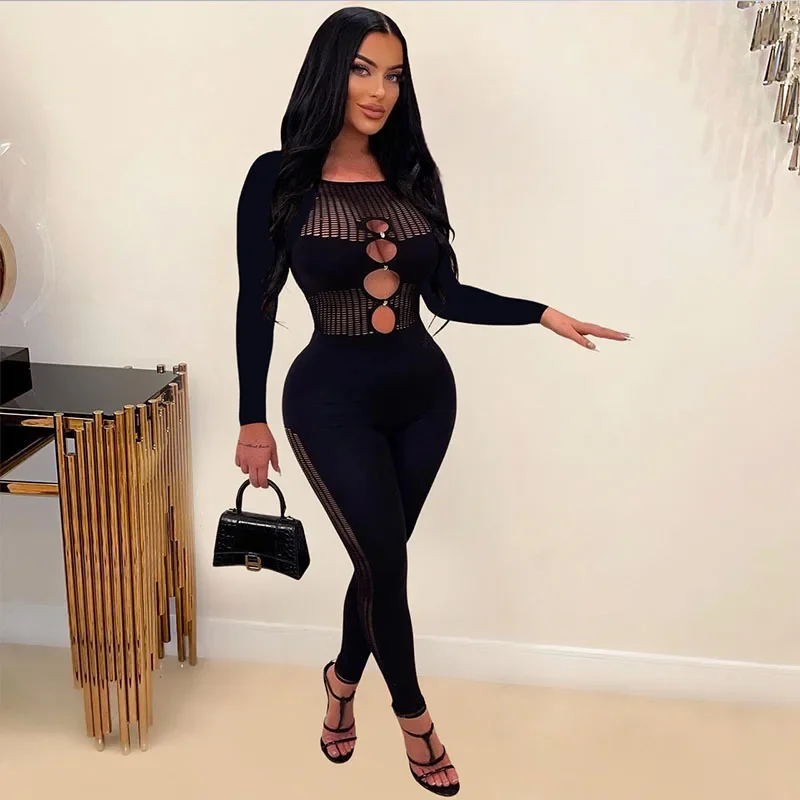 

Sexy Mesh Sheer Patchwork Hollow Out Bodycon Jumpsuit Women Long Sleeve Skinny Party Clubwear Overalls Midnight One Piece Romper