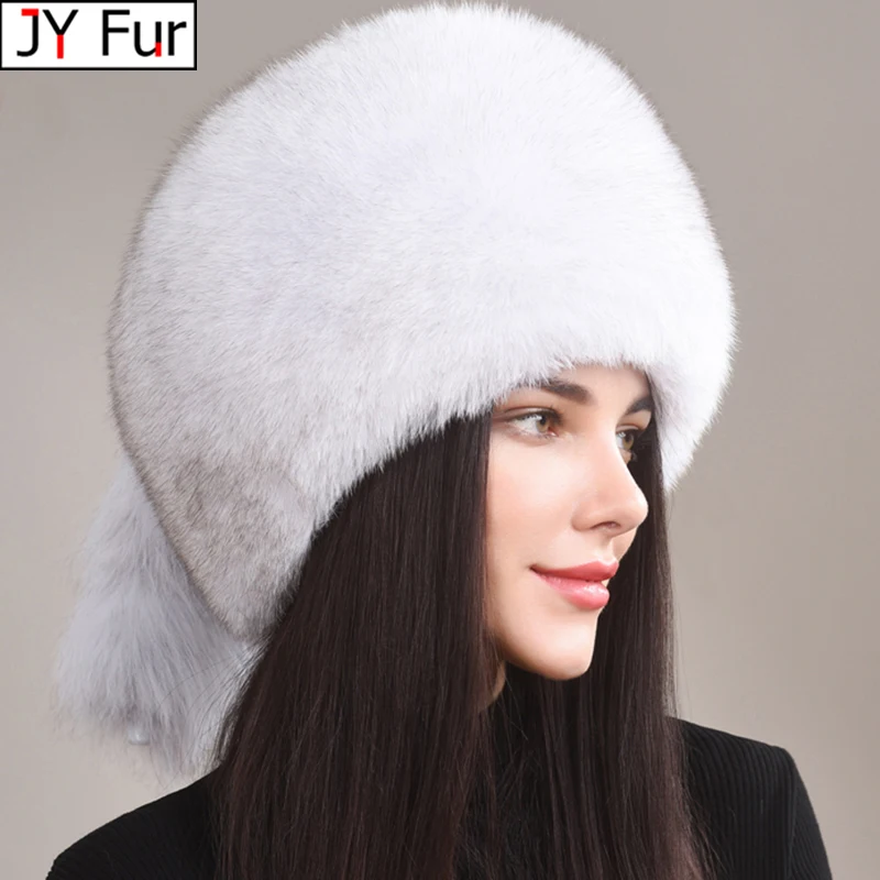 

Thickened Snow Outdoor Russian Style Winter Cap For Women Handmade Warm Fluffy Outdoor Female Natural Fox Fur Tail Ushanka Hat