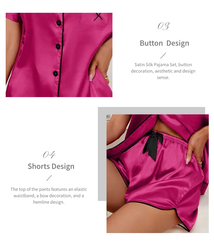 Luxus Satin Seide Damen Pyjama Set Kurzarm Nachtwäsche Freizeit Home Kleidung Nachtwäsche Bequeme Pyjamas für Frauen Pj Set – Detail 24