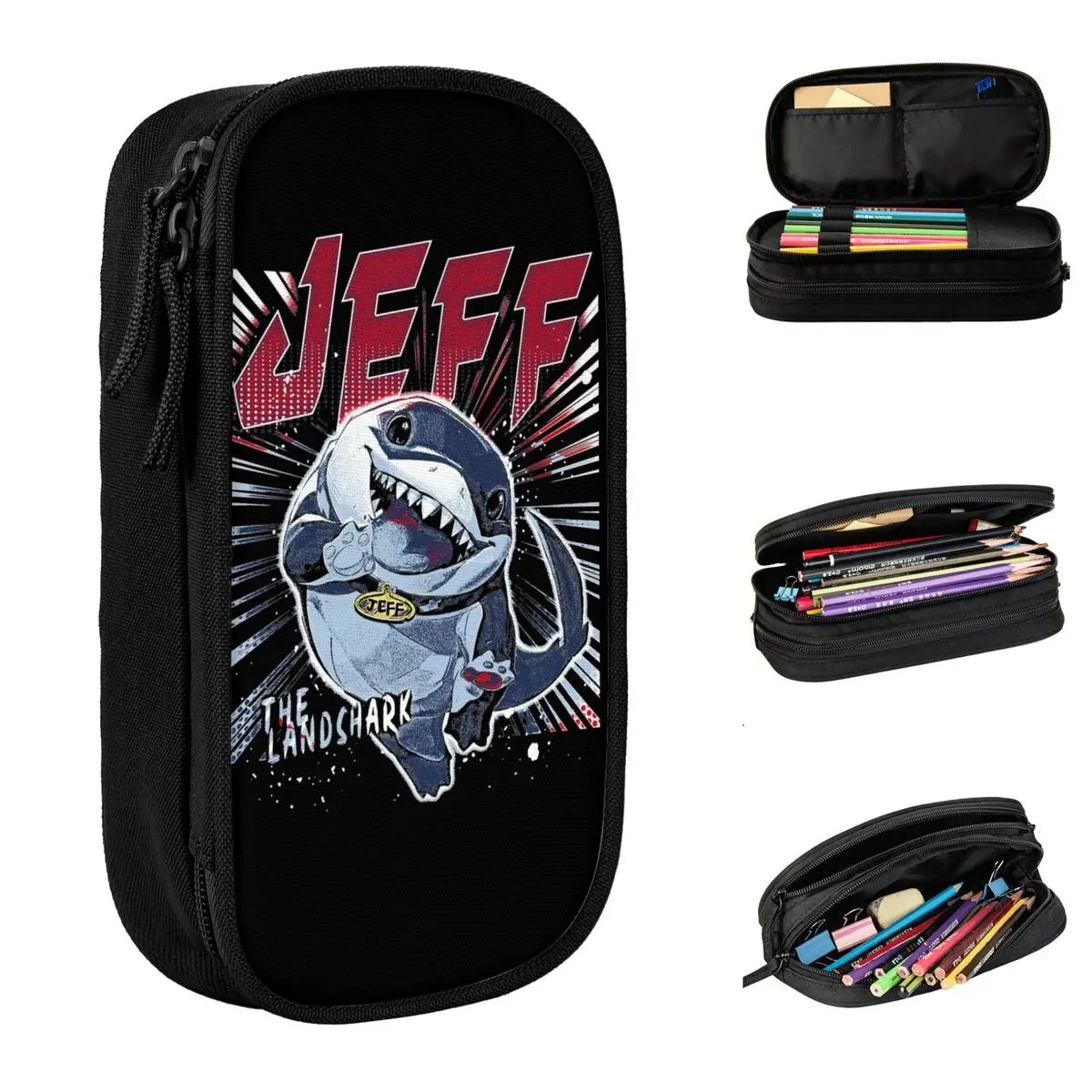 Marvel-Rivals PVP Jeff The Land Shark Kid's Pencil Case Double Layer Large Capacity Office Supplies Pencil Box Gift for Children