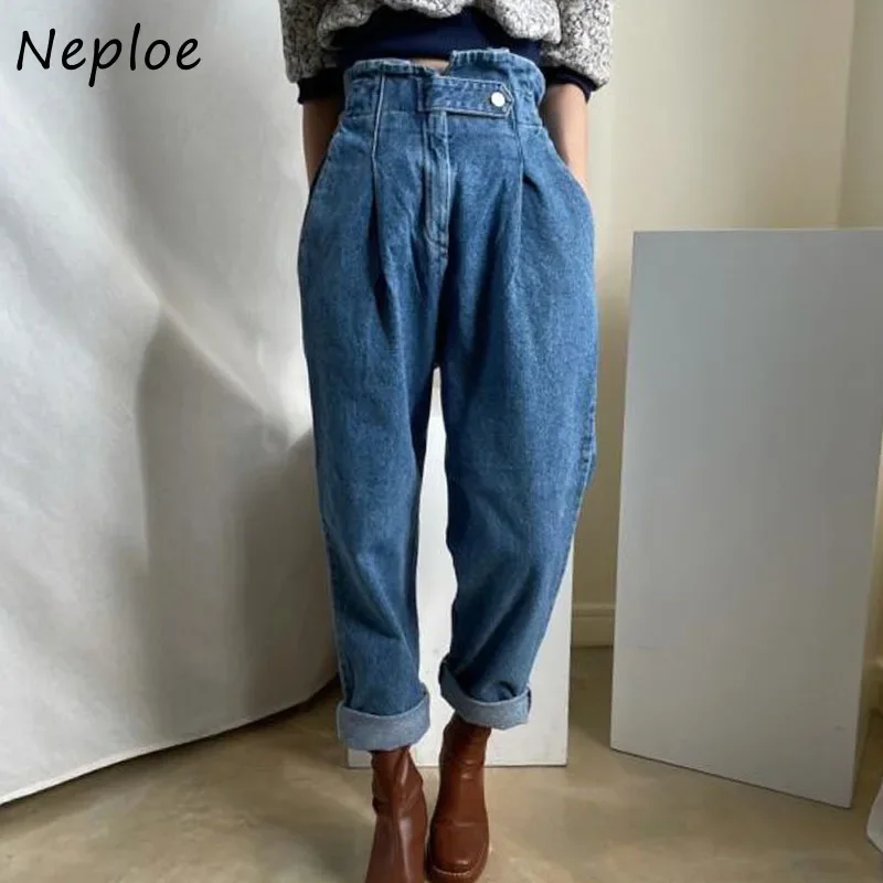 Neploe Casual All-match High Waist Woman Jeans One Buckle Double Pocket Straight Pants Women Harem Pant Trousers Female 2024 New