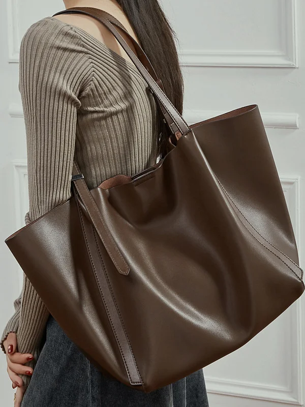 

Leather Retro Casual Large Capaci Tote Bag Women Single oulder Bag Simple Match Soft Leather Big Bag Korean Trend