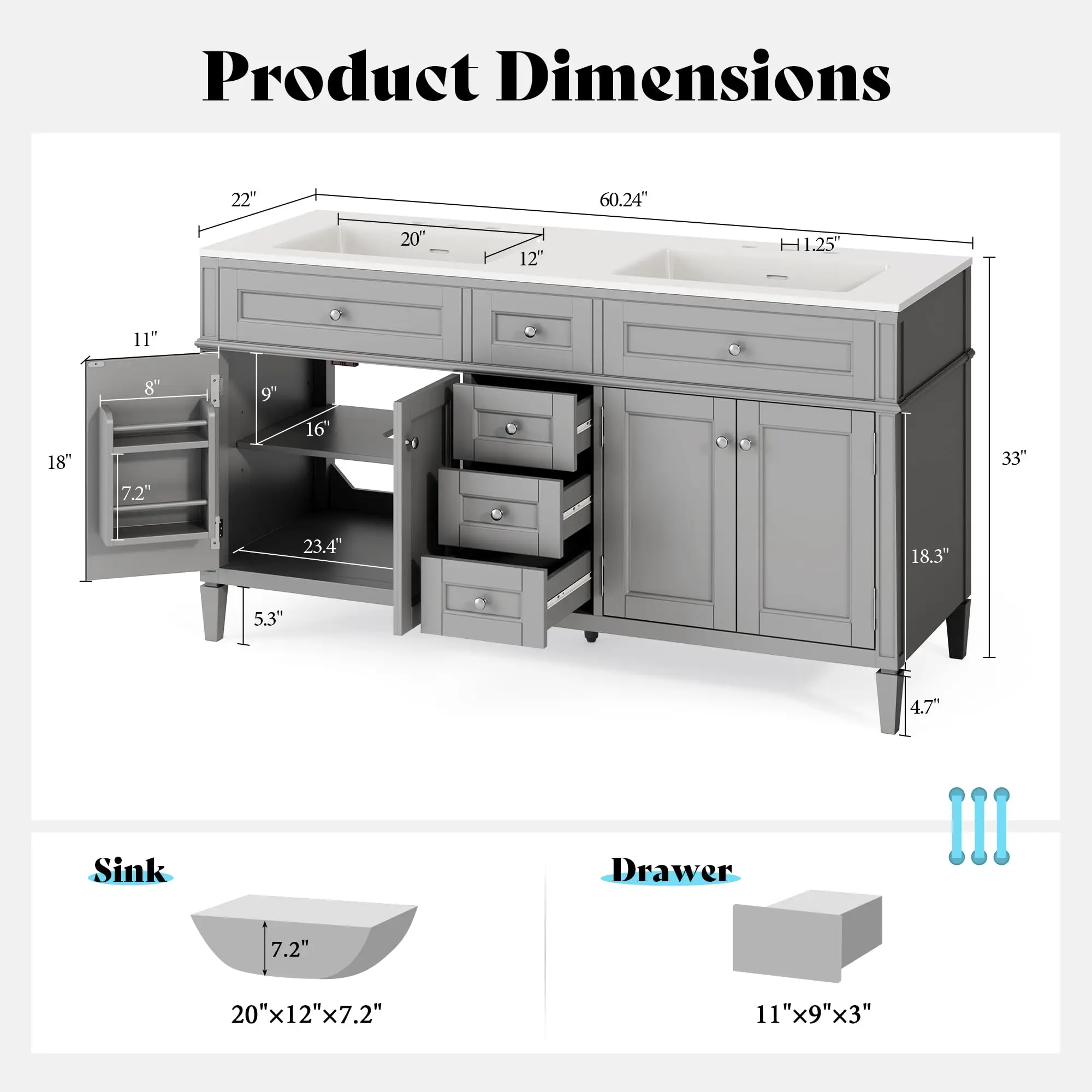 60″ Bathroom Vanity with Sink Combo & 3 Storage Drawers