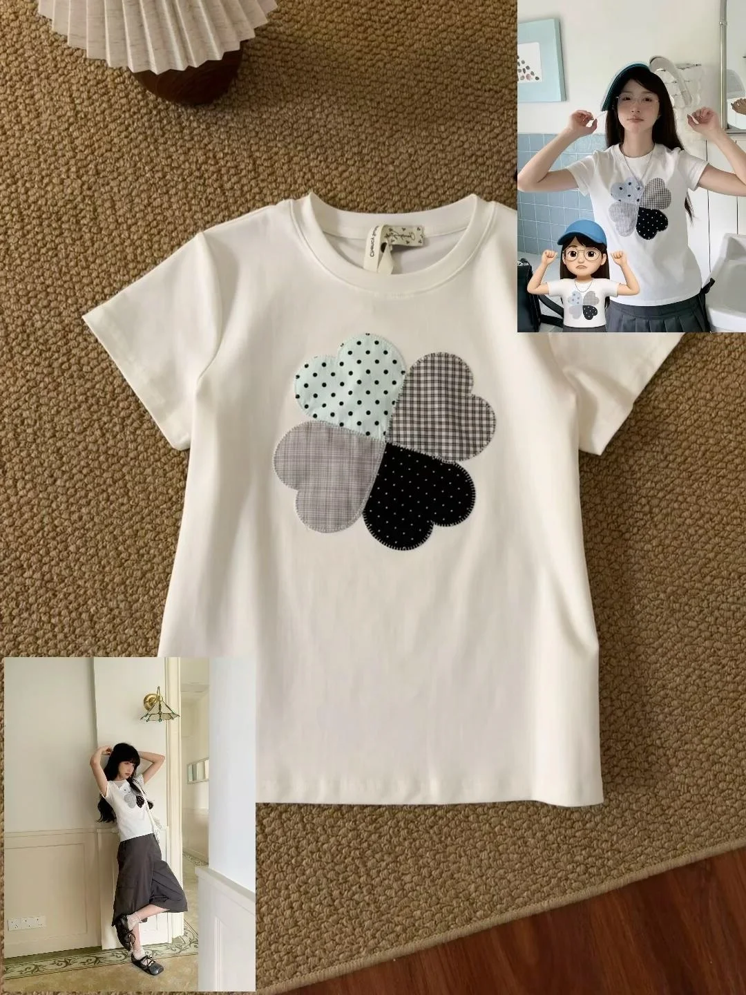 

Cute Four Leaf Clover Patch Embroidered Short Sleeve T-Shirt Women's Slimming Elegant Lady Style Summer Top round Neck