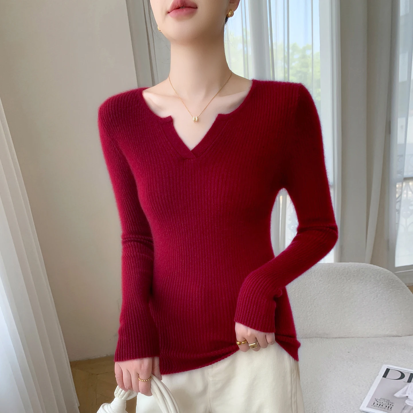 خريف/شتاء جديد المرأة 100% الكشمير الخالص البلوز عادية بلون محبوك سترة سليم صالح الخامس الرقبة القمم الأساسية البلوز #1