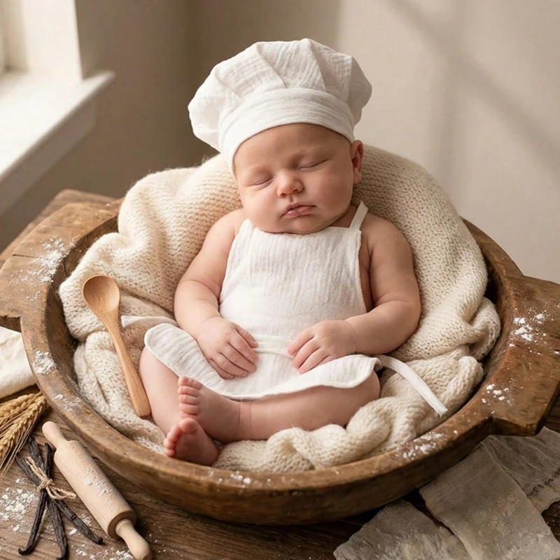 Newborn Photography Props Chef Costume Set, Baby Apron Hat Spoon Outfit, Infant Photo Shoot Accessories