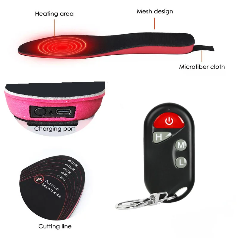 Double Red Heated Insoles, 3500mAH Rechargeable Electric Heating Insoles with Remote Control, for Men Women Outdoor Hunting