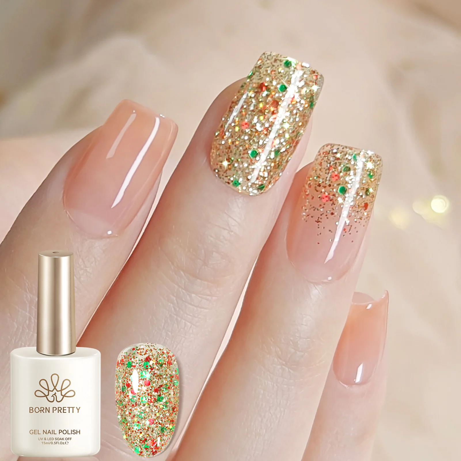 BORN PRETTY 1 Bottle 15ml Gold Sequins Jelly Gel Polish Christmas Semi Permanent Nail Art Manicure Soak Off UV Gel Nail Supplies