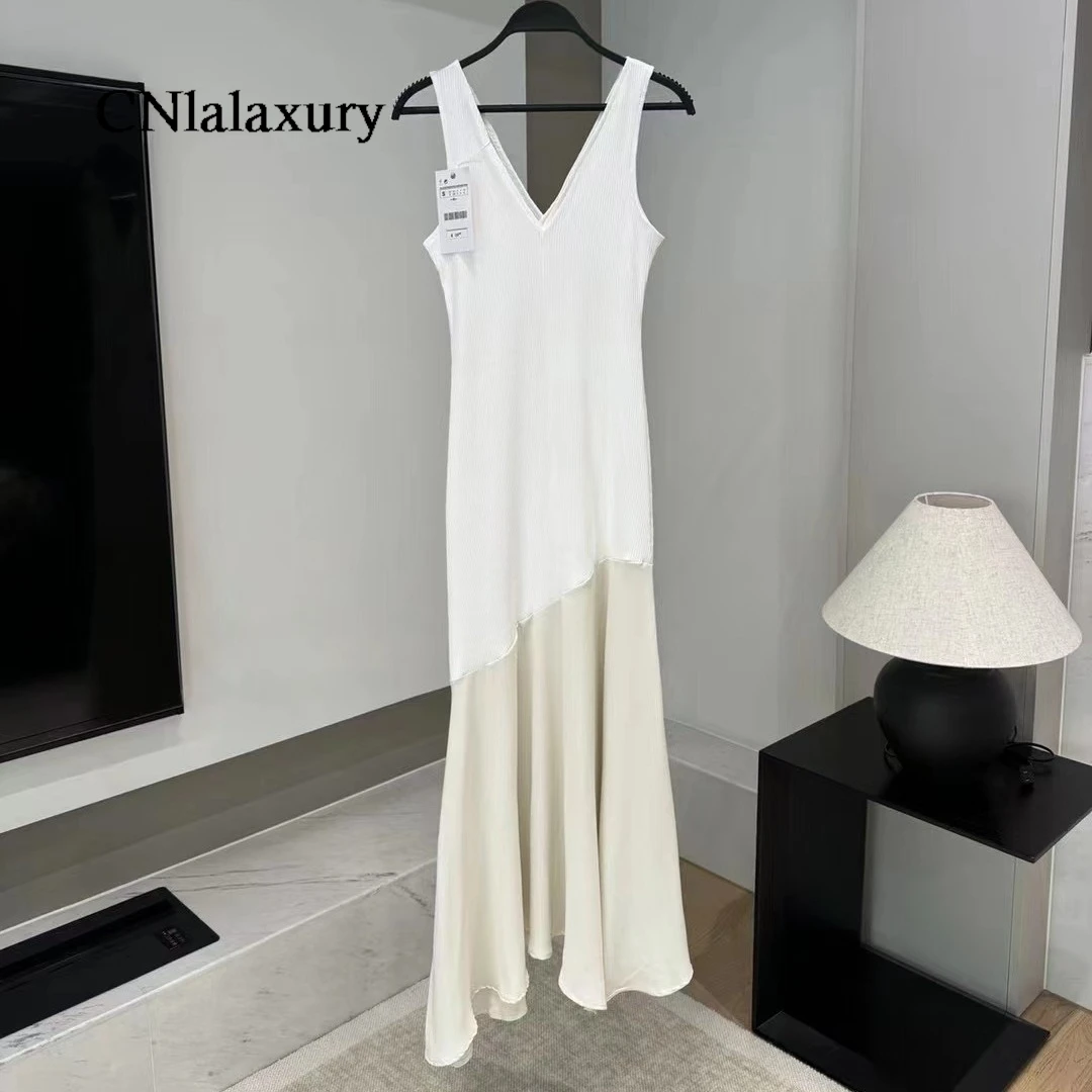 CNlalaxury Women Sexy Sleeveless Dress 2024 Summer White Streetwear Elegant Tank V Neck Dresses Casual Party Robe Vestidos