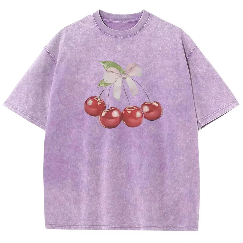 

Cherry Print Tshirt Cotton Washed T-Shirts Summer Casual O-Neck Distressed T-Shirt T Shirt Women Cherry Short Sleeve Streetwear