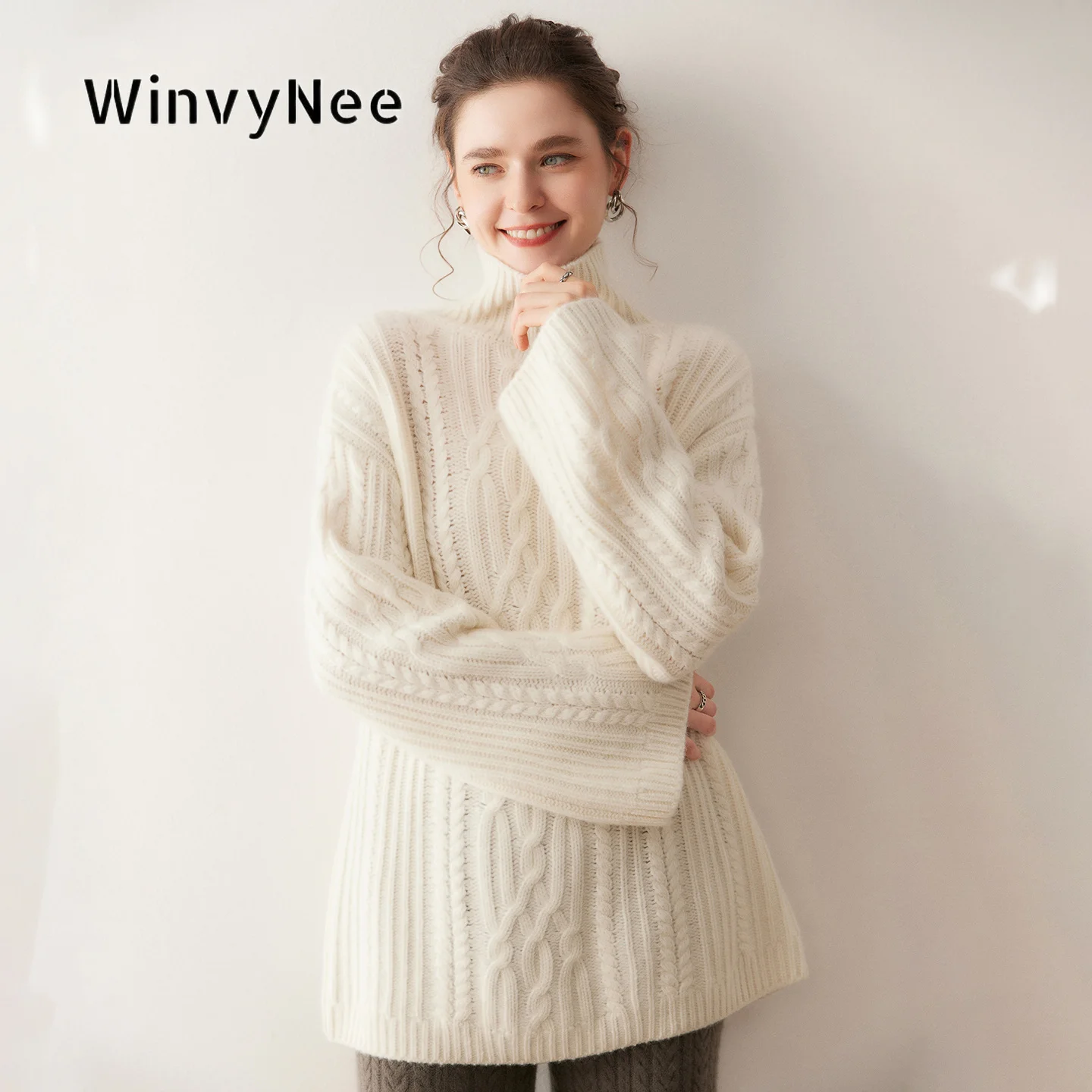 WinvyNee Womens Turtleneck Chunky Cable Knit Pullovers Warm Cashmere Wool Oversized Soft Vintage Autumn Winter Knit Top A1654049
