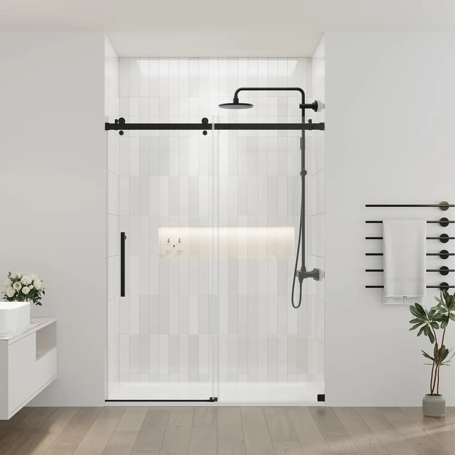 56-60.in W x 72.in H Frameless Shower Door, Water Repellent Black Shower Door Clear Tempered Glass, Easy Sliding Showe Door