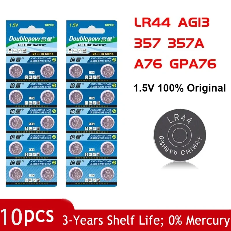 10 шт., 1,5 В, щелочная батарея LR44 AG13 357 357 A76 GPA76, таблеточная батарея для часов, щелочная батарея типа «таблетка»