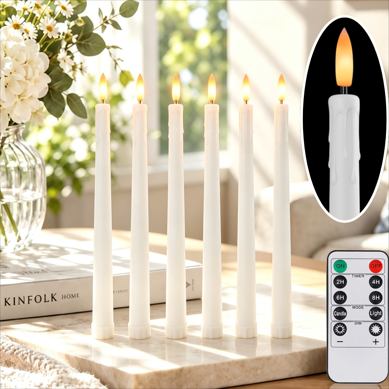 Flameless LED Taper Candle with 10-Key Remote Timer Battery Operated 6-Pack Window Candlestick Christmas Home Party Decoration