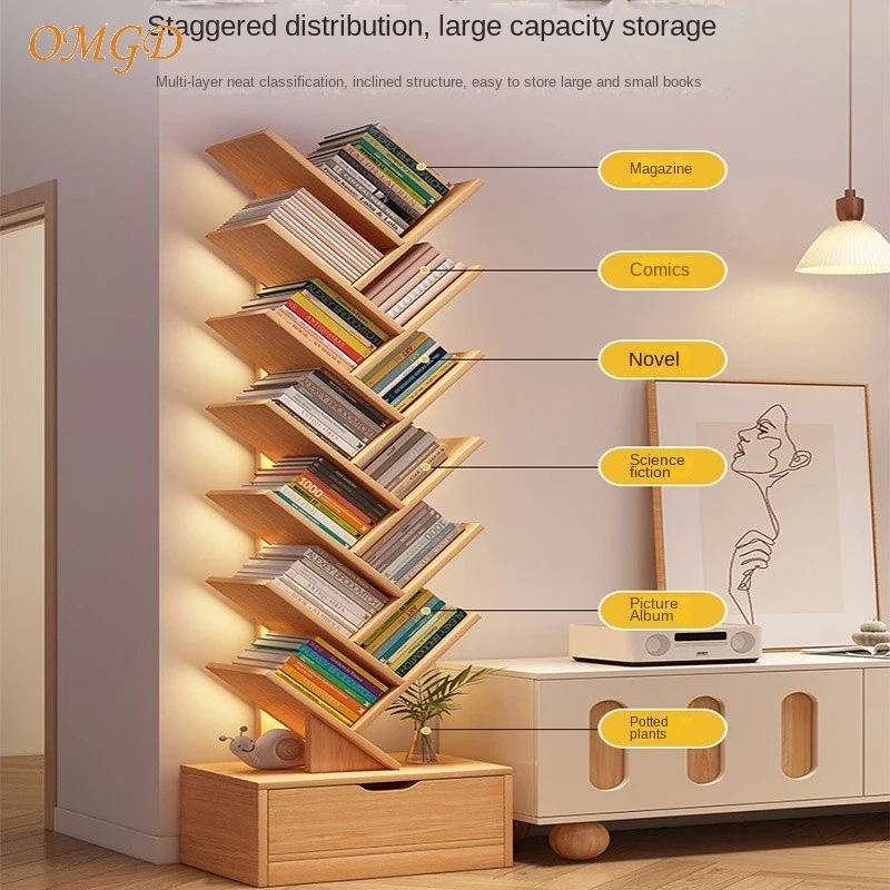 OMGD-Petite Bibliothèque Arbre Simple, Étagère au Sol, Bibliothèque Maison, Rangement Salon T1, Multicouche, Chambre Créative, Armoire Étroite