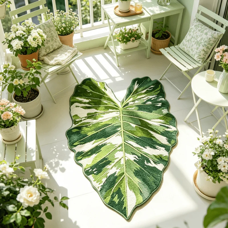 Variegated Leaf Shaped Rug Green Plant Tufted Floor Mat Soft Non Slip Washable Area Carpet Nature Aesthetic  Bedroom Home Decor