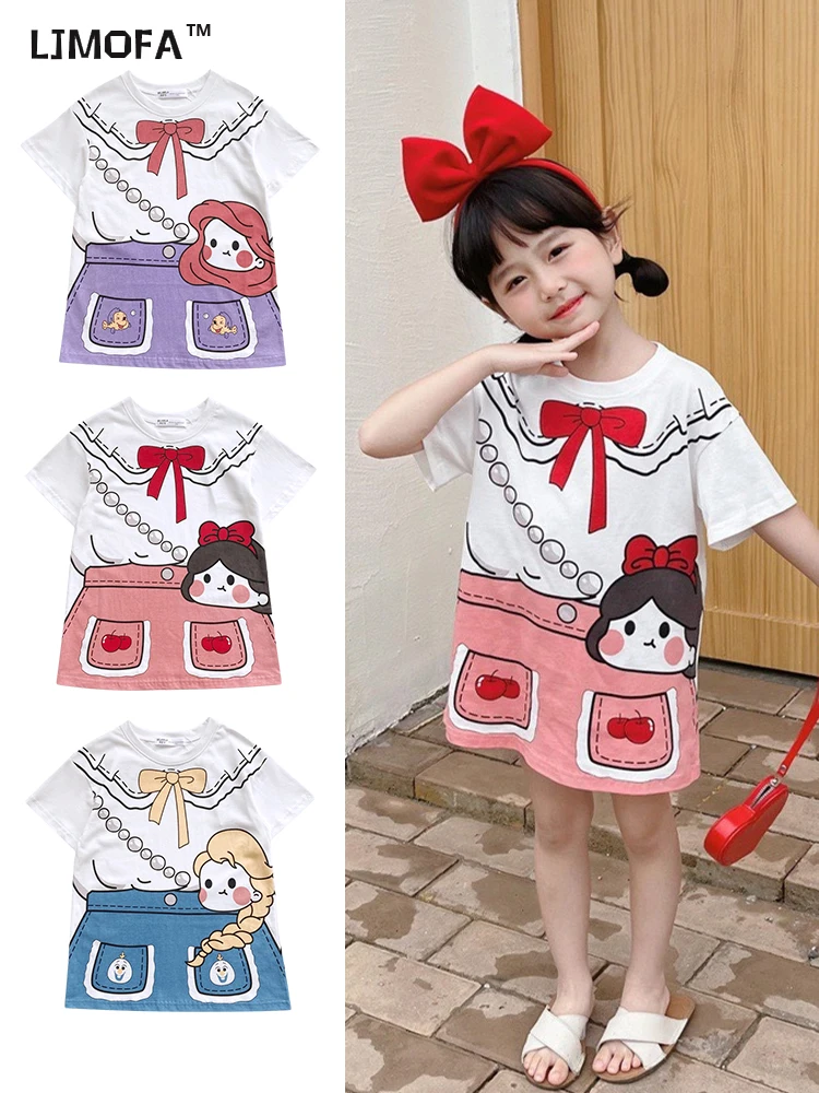 LJMOFA Kids Girls Summer Dress Long T Shirt Casual Cartoon Princess Loose Fashion Children's Clothing Mid-length Tops D243