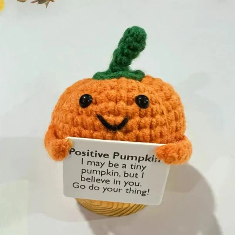 Emotional Support Pumpkin Tiny Vegetable Crochet Toy Emotional Support Plush 8Cm/3.15Inch Cute Crochet Doll With Positive Card