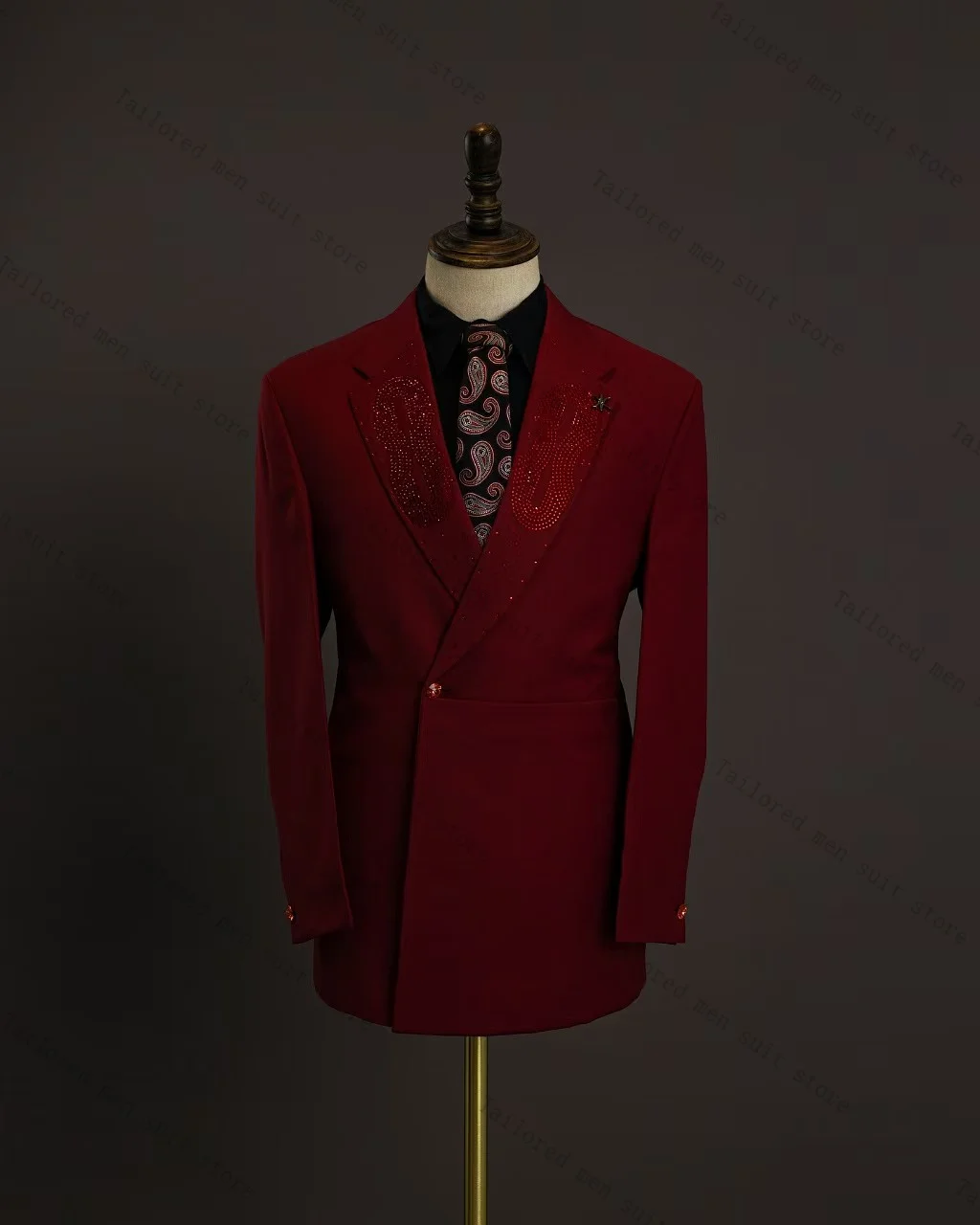 

Red Crystals Men Suits Set 2 Pieces Blazer+Pants Trousers Groom Wedding Tuxedos Jacket Formal Office Cotton Customized Coat