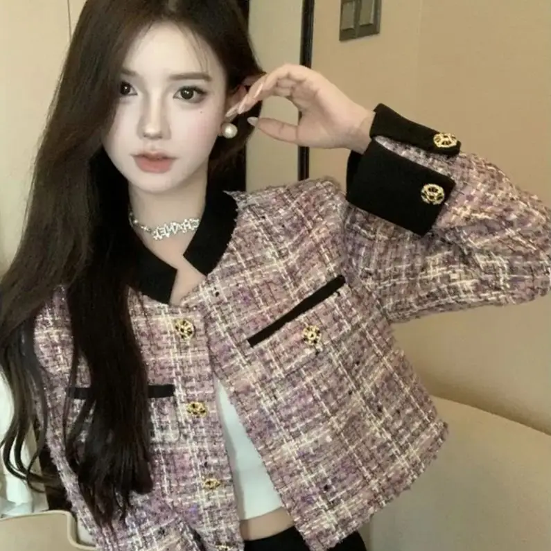 

Korea Stand-Up Collar Plaid Small Fragrance Style Short Jacket Autumn New Design Niche High-End Versatile Slim Top