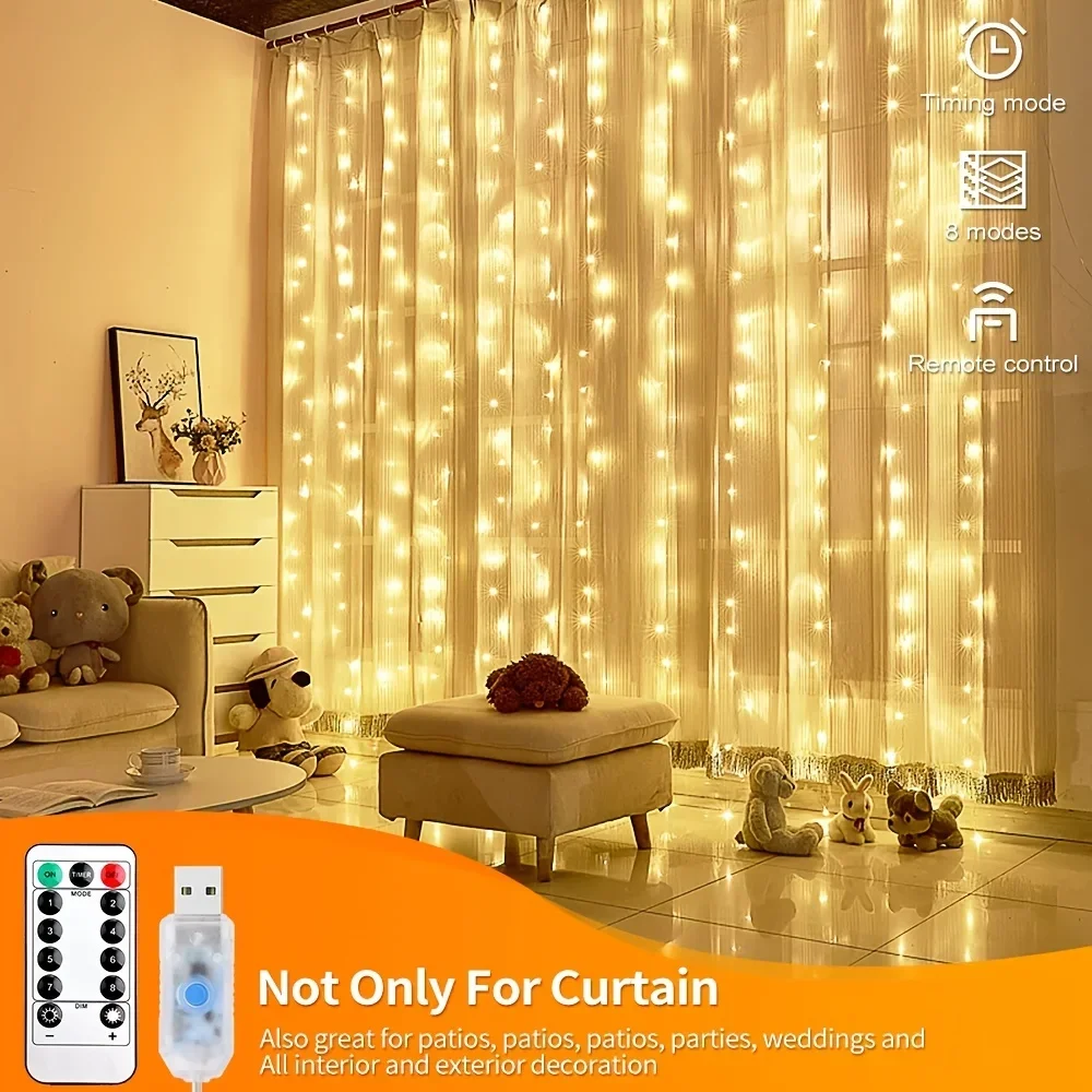 USB LED Curtain Lights 3x1M 3x3M Fairy String 8 Mode Remote Control Wedding Party Home Bedroom Decoration Lighting Garland