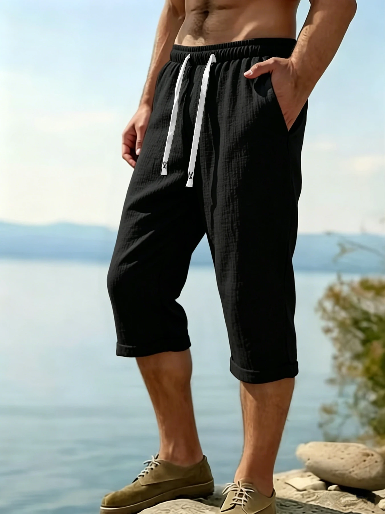 Hot Sale Men's Mature Straight Rolled Hem Capri Pants, Minimalist Daily Casual Style, Draped Breathable Wrinkle-resistant Textur