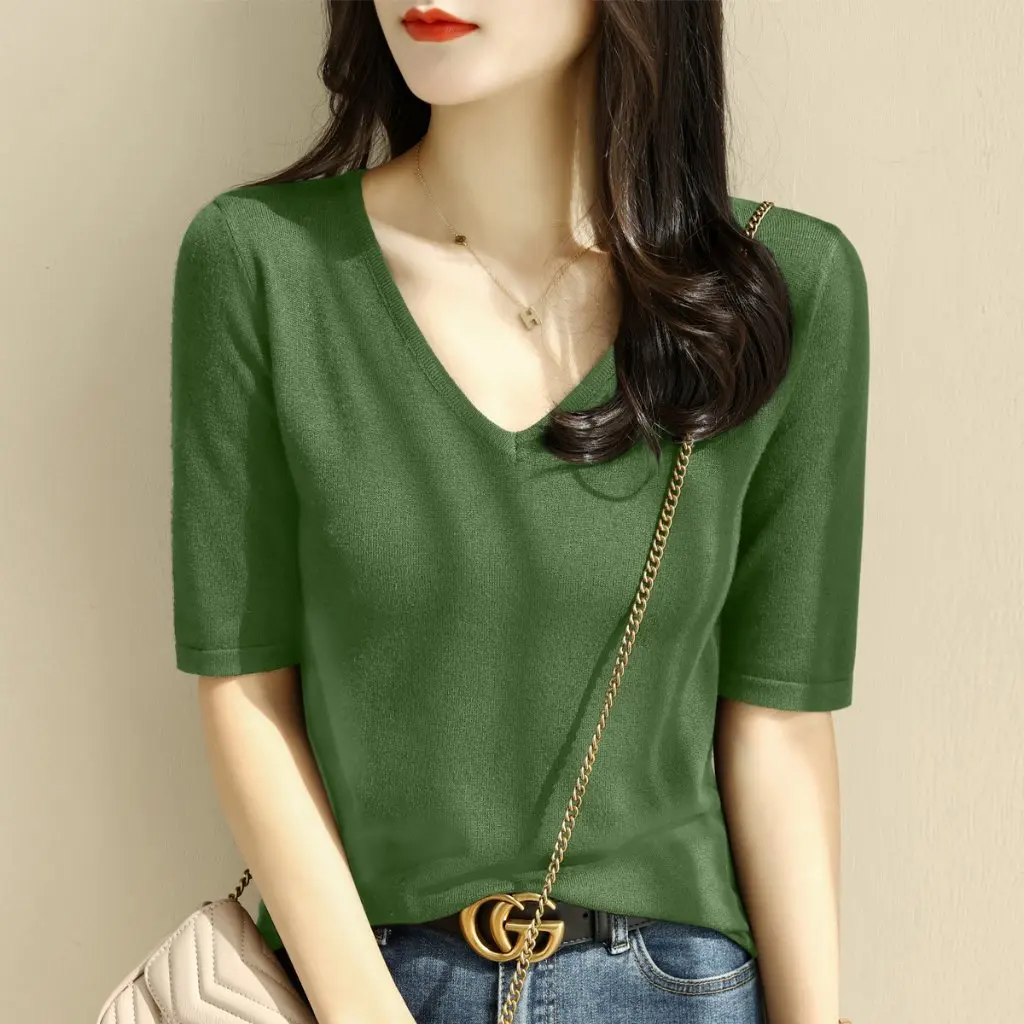 

Women's French Loose Slim Mid-Sleeve Knitwear V-Neck Half Sleeve Top Spring Summer New Base Layer